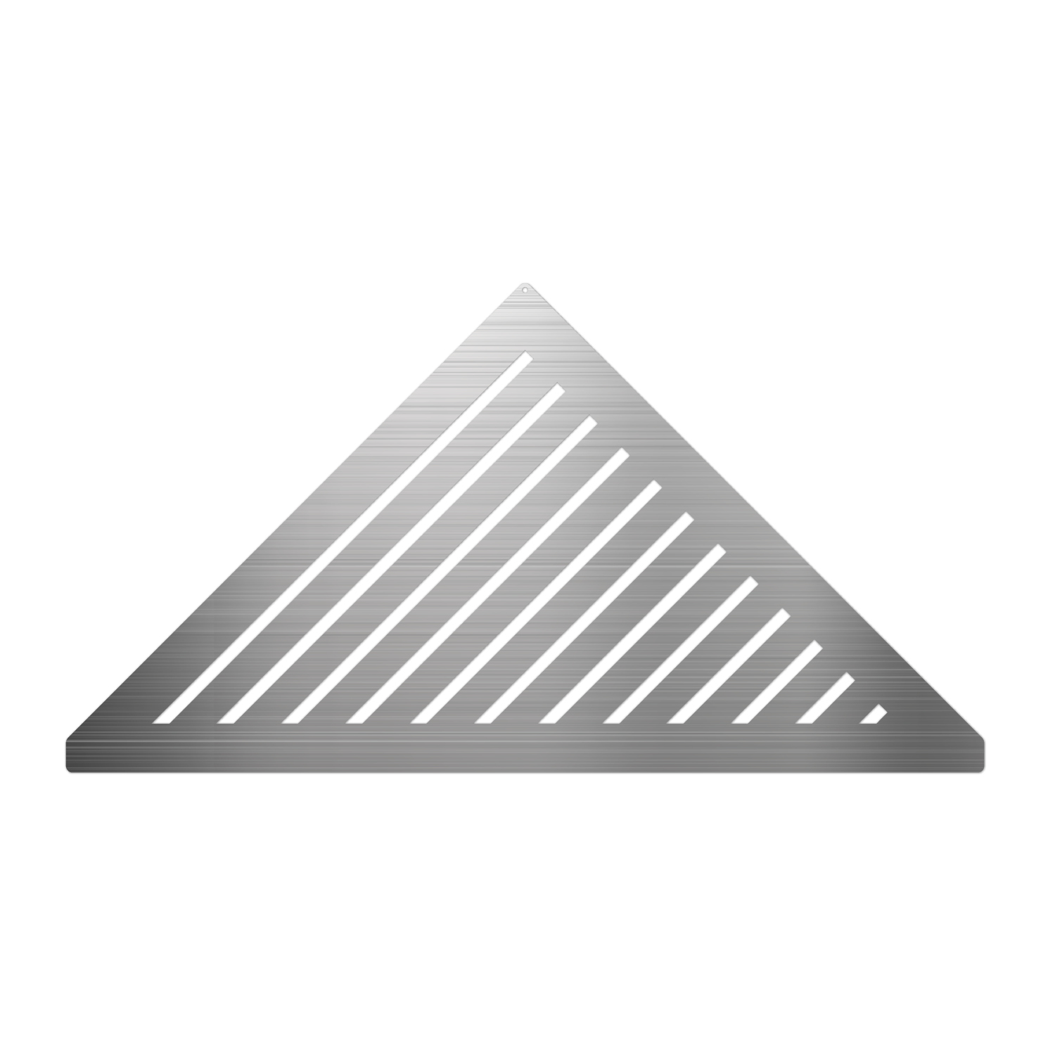 Corner shelf, brushed stainless steel, retrofittable, triangular, isosceles