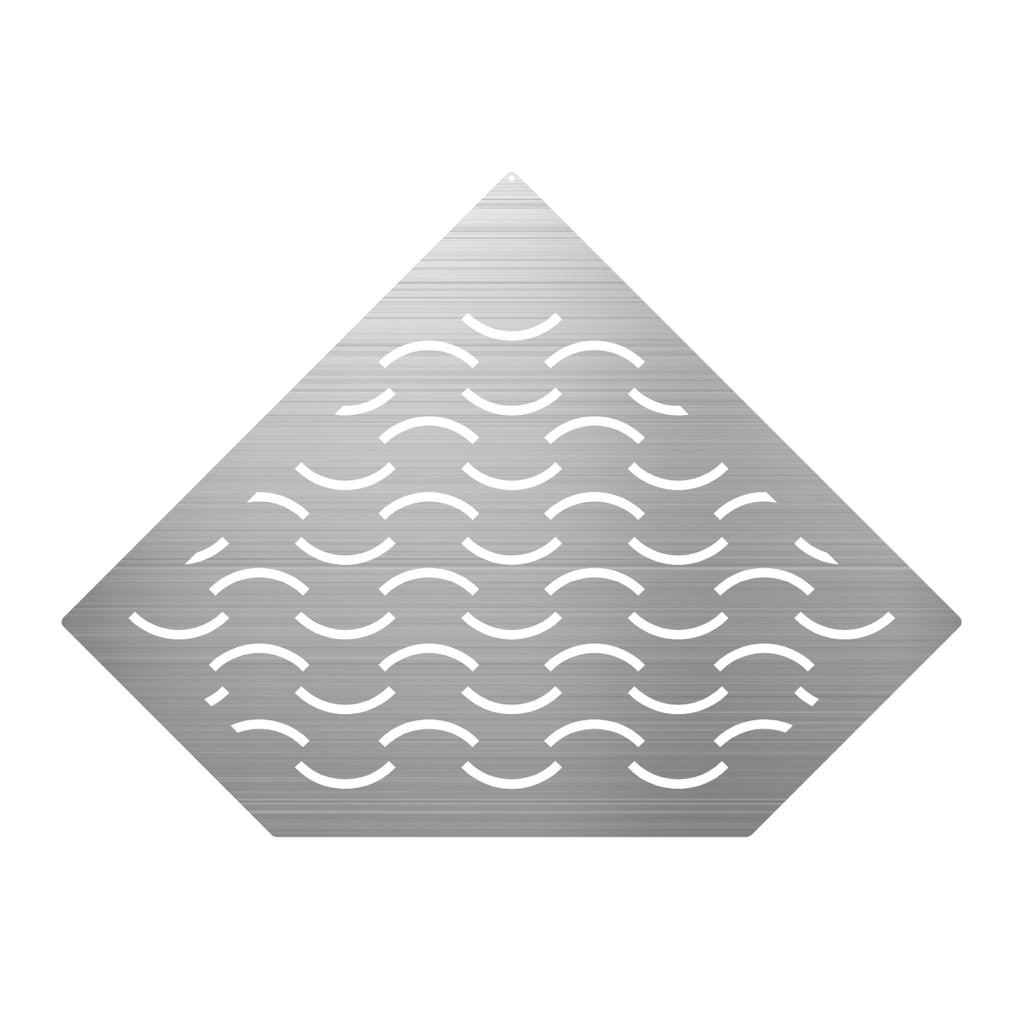 Corner shelf, brushed stainless steel, retrofittable, pentagonal, diamond-shaped, wave form