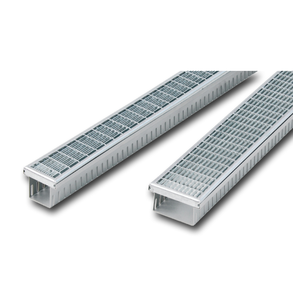 Drainage channels Stabilo-Fix made of hot-dip galvanized steel with mesh grating 30x10mm 160mm