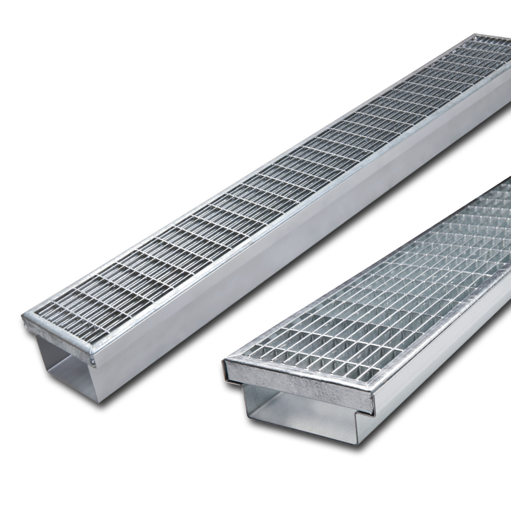 Linienentwässerungsrinnen Stabilo-Fix aus feuerverzinktem Stahl mit Maschenrost 30x10mm 140mm 100mm