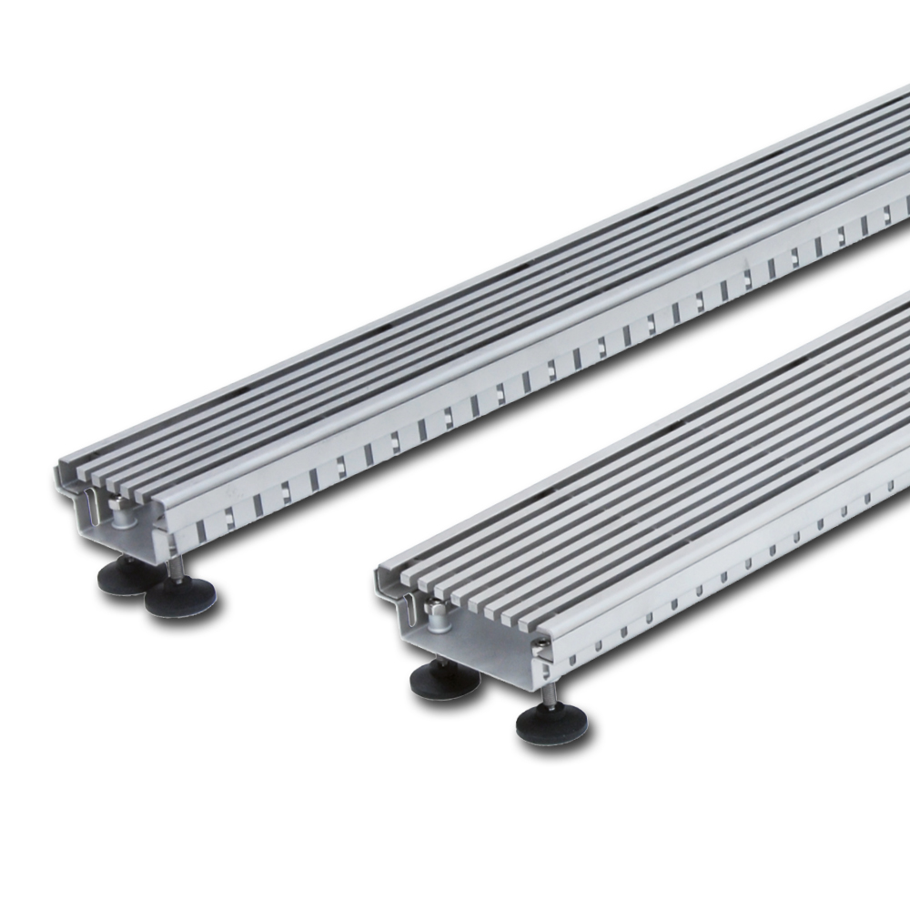 Futuro drainage channels made of stainless steel 304 on pedestal bearings with 304 longitudinal bar grate 7x7mm 140mm 85-110mm