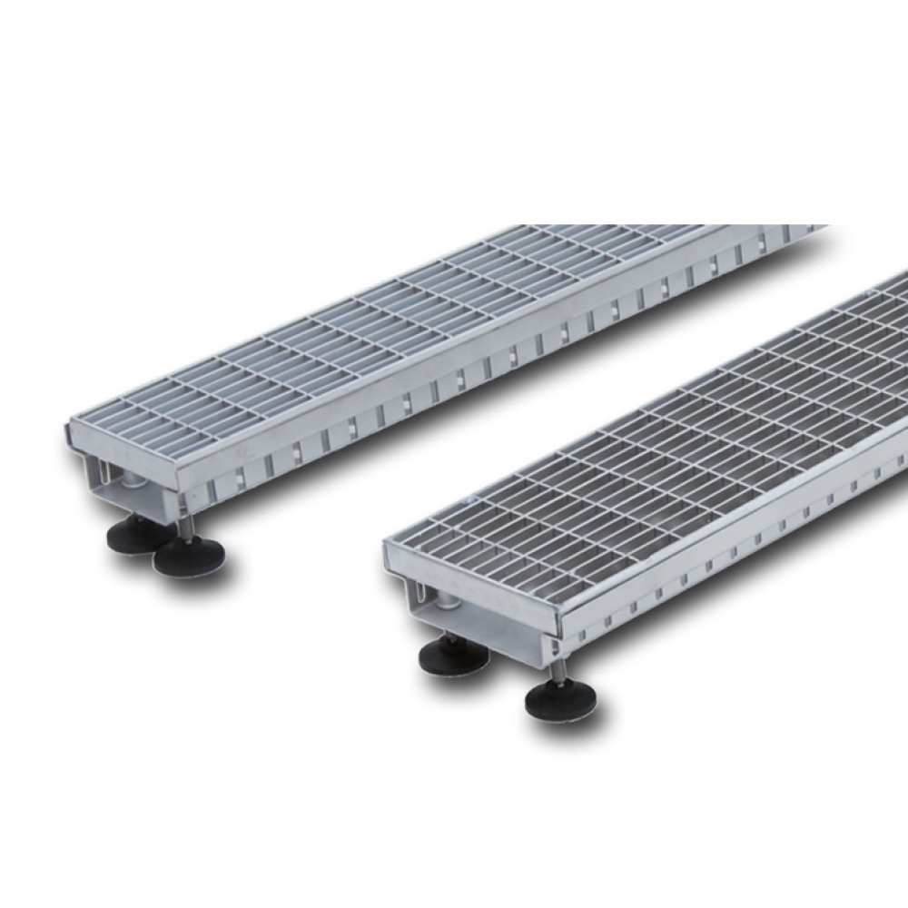 Drainagerinnen Futuro aus Edelstahl V2A auf Stelzlagern mit V2A Maschenrost 30x10mm 140mm 85-110mm